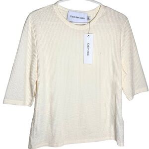 Calvin Klein Ribbed Quarter‑Sleeve Top — Antique White — Size Large